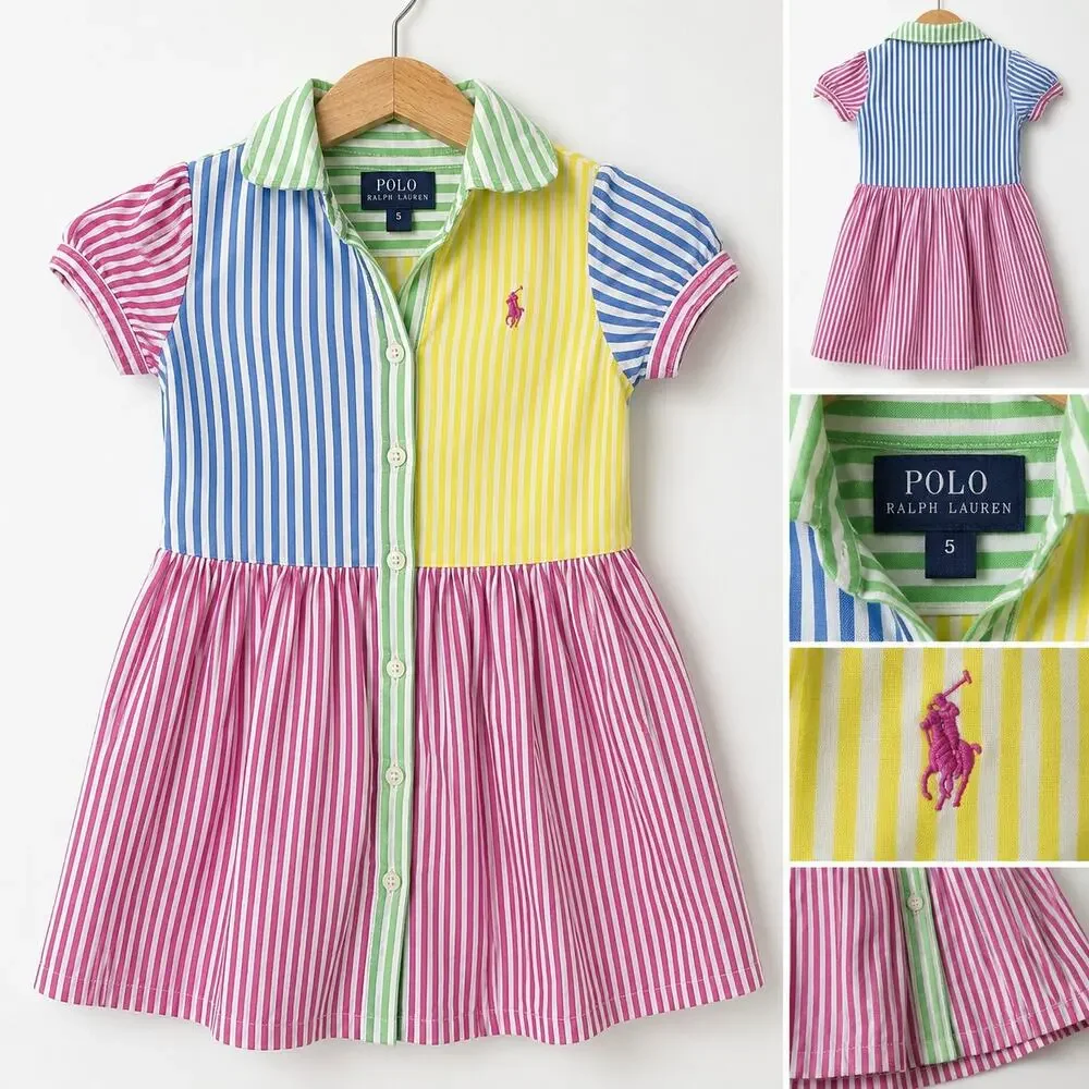 Polo Ralph Lauren Girls Dress SZ5 Multicolor Striped Shirt Dress Rainbow Preppy - Picture 2 of 10